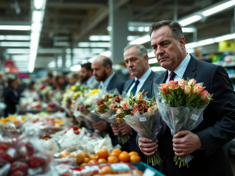 Multiple tired-looking men stand in a long grocery store checkout line on Valentine's Day, each holding identical mass-produced, wilted flower bouquets wrapped in cellophane with visible price stickers, depicting the last-minute shopping rush.